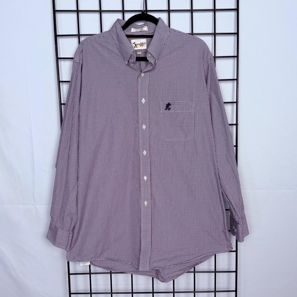 Vtg Walt Disney World Button Down Mens L Red White Blue Gingham Mickey Mouse